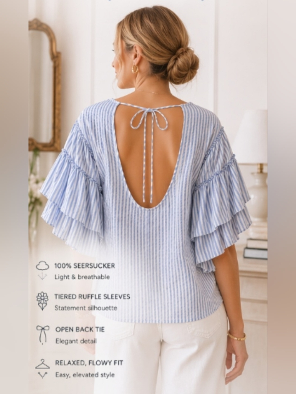 Anthropologie Pilcro Blue White Seersucker Ruffle Sleeve Blouse Open Back Top - Picture 3 of 7